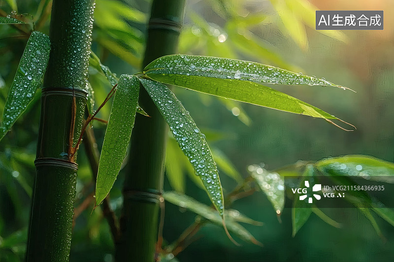 【AI数字艺术】翠绿的竹林，竹叶上沾着雨水图片素材