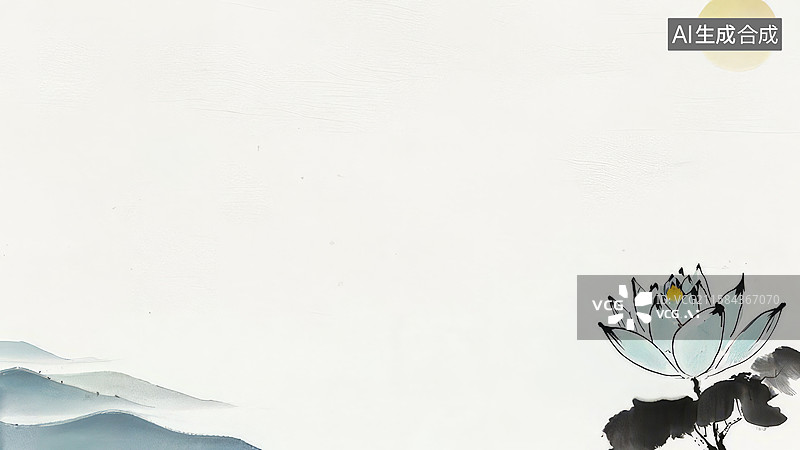 【AI数字艺术】水墨画两侧-背景壁纸-1水墨莲花与远山淡雅背景图片素材