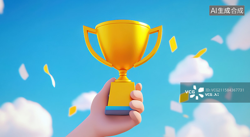 【AI数字艺术】3D三维手拿冠军奖杯蓝天白云背景图片素材