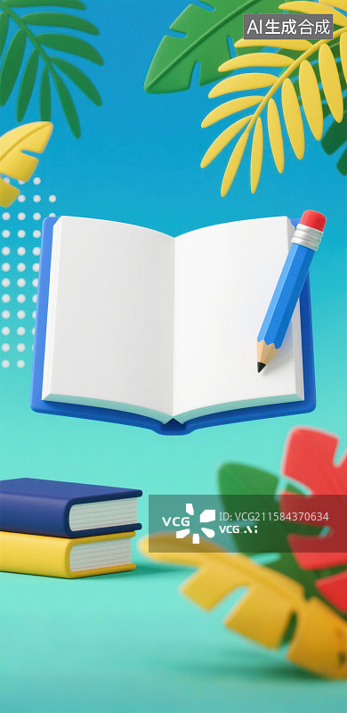 【AI数字艺术】3D三维卡通打开的书铅笔插画图片素材