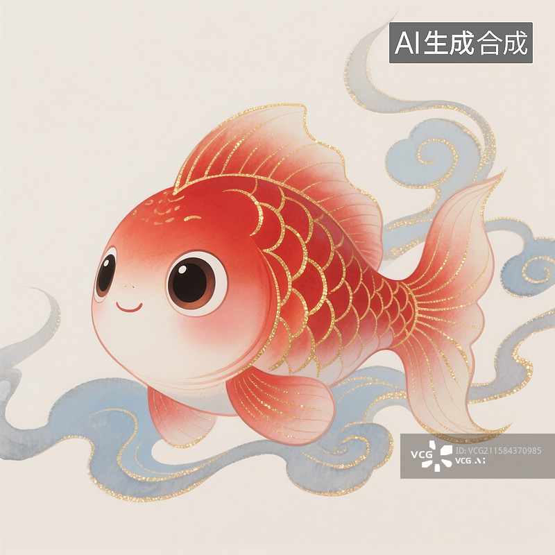 【AI数字艺术】中国风水墨风格，可爱萌宠鱼，大眼睛，大红色色系为主，祥云的形态，金色的线条和闪闪光效果图片素材