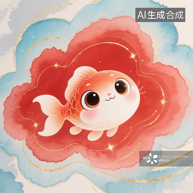 【AI数字艺术】中国风水墨风格，可爱萌宠鱼，大眼睛，大红色色系为主，祥云的形态，金色的线条和闪闪光效果图片素材