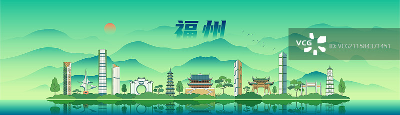 广州城市建筑千里江山国风插画图片素材