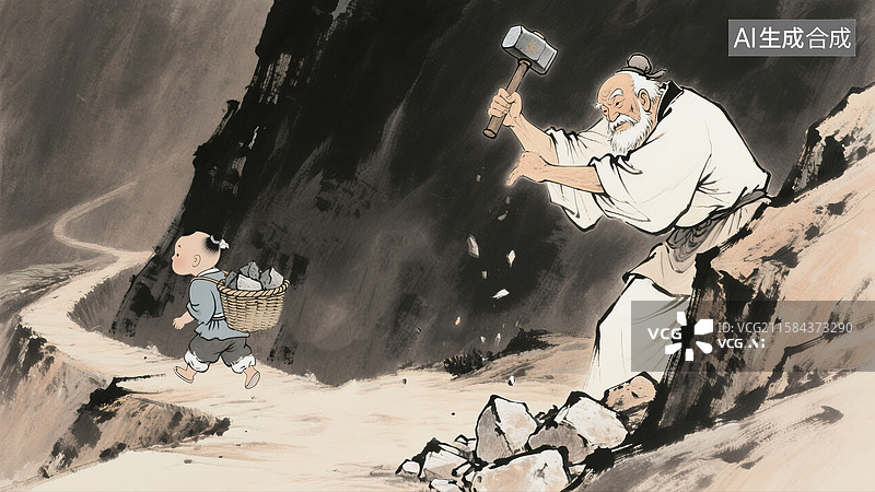 【AI数字艺术】传说古代神话故事，愚公移山插画图片素材