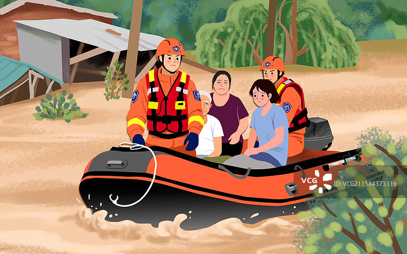 救援人员在洪灾中用救生艇救助灾民图片素材