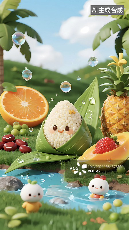 【AI数字艺术】微距3d粽子原料糯米端午节清新场景图片素材