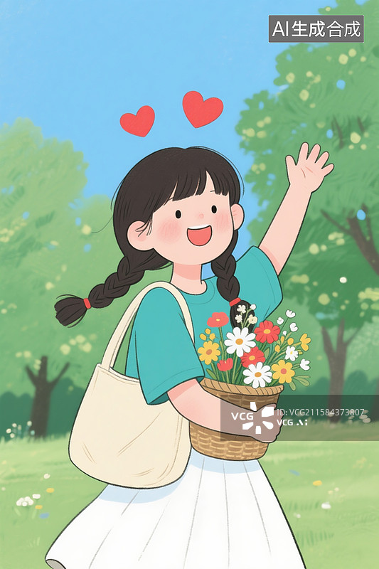 【AI数字艺术】清新绘本插画，一位扎着双麻花辫的女孩，身穿青色上衣与白色裙子，怀抱装满花束的篮子，在户外开心挥手图片素材