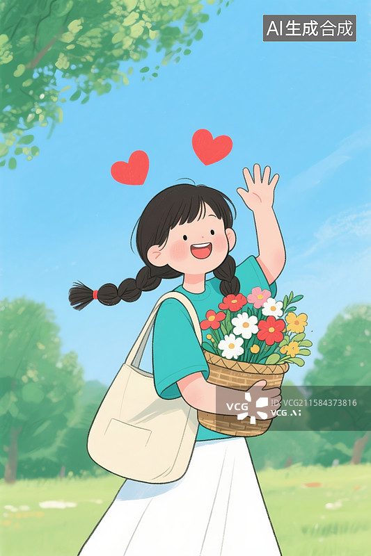 【AI数字艺术】清新绘本插画，一位扎着双麻花辫的女孩，身穿青色上衣与白色裙子，怀抱装满花束的篮子，在户外开心挥手图片素材
