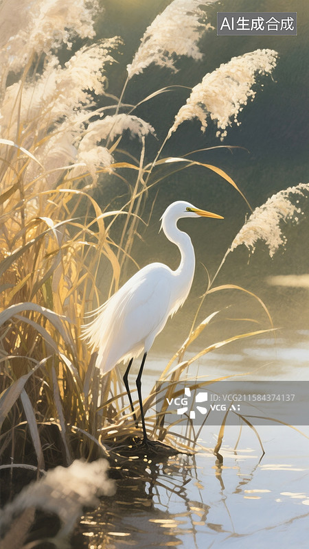 【AI数字艺术】水彩画，一只白鹭静静地栖息在芦苇丛中，微风轻轻拂过，芦苇随风摇曳，逆光下白鹭的羽毛呈现出金色的光芒图片素材