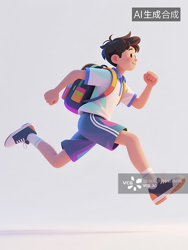 【AI数字艺术】背着书包奔跑的卡通男孩形象图图片素材