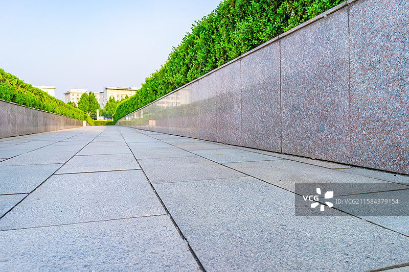 中国山东省泰安市岱岳区人民政府岱岳文化广场，重复的砖地地面，两侧的绿色植物花坛，户外白昼无人图像摄影图片素材