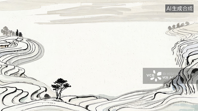 【AI数字艺术】水墨画最大-背景壁纸-1梯田环绕的孤树景观图片素材
