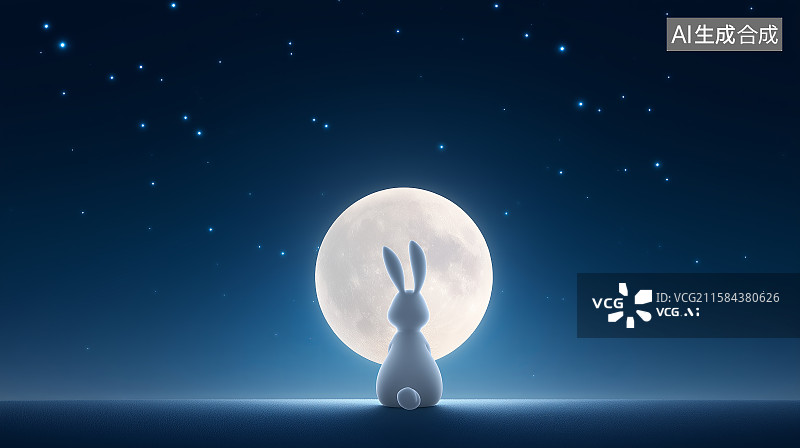 【AI数字艺术】中秋主题背景——一只可爱的兔子与满月图片素材