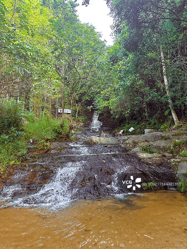 广州从化瀑布林中树木映衬下的河流景观图片素材