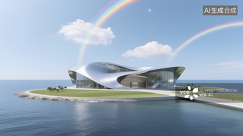 【AI数字艺术】海边岛屿上造型独特的现代建筑图片素材