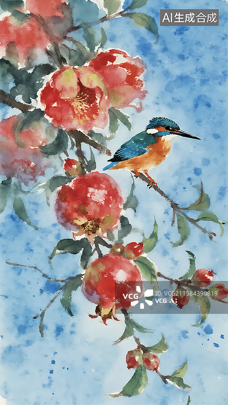 【AI数字艺术】写意国画画眉鸟石榴花秋天插画图片素材