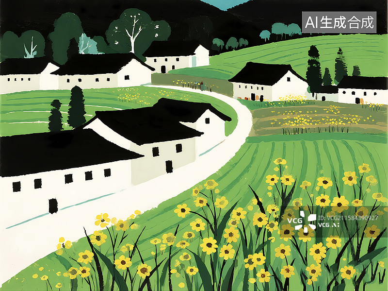 【AI数字艺术】田园乡村小屋治愈系插画场景图片素材