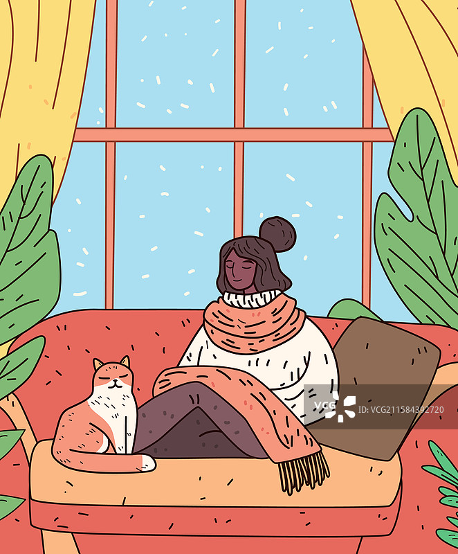 女人在温馨的家中与猫咪悠闲地相处图片素材