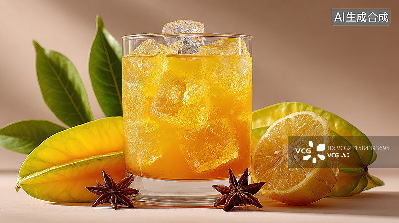 【AI数字艺术】冰镇橙色饮品与水果装饰图片素材