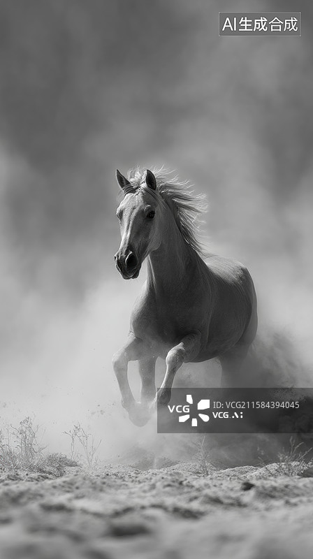 【AI数字艺术】奔腾的骏马在尘雾中疾驰图片素材