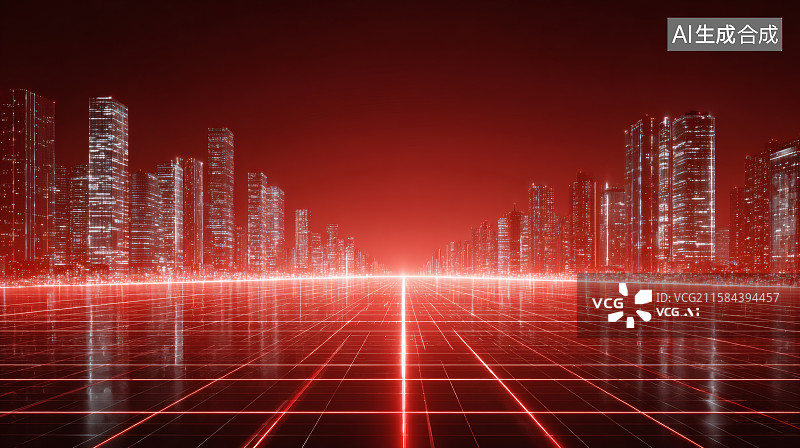 【AI数字艺术】红色背景，道路两旁的城市建筑，方块组成的广场，汽车广告背景图图片素材