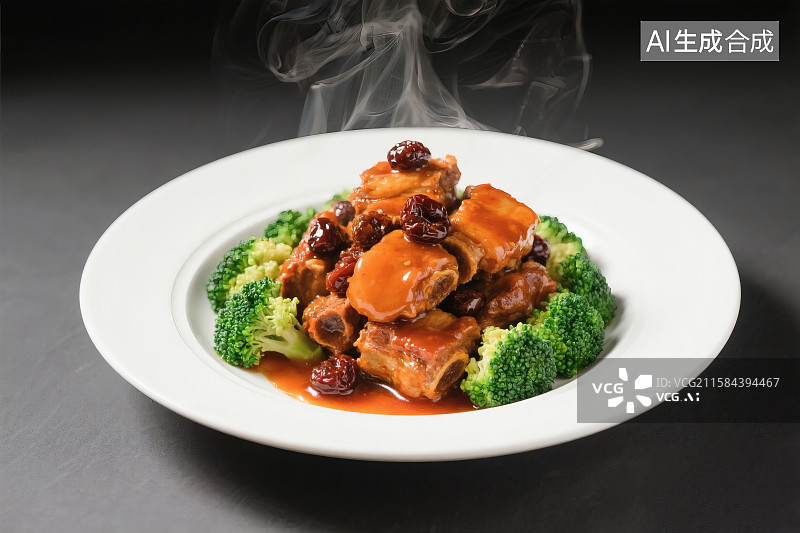 【AI数字艺术】一盘话梅排骨，西兰花做点缀图片素材