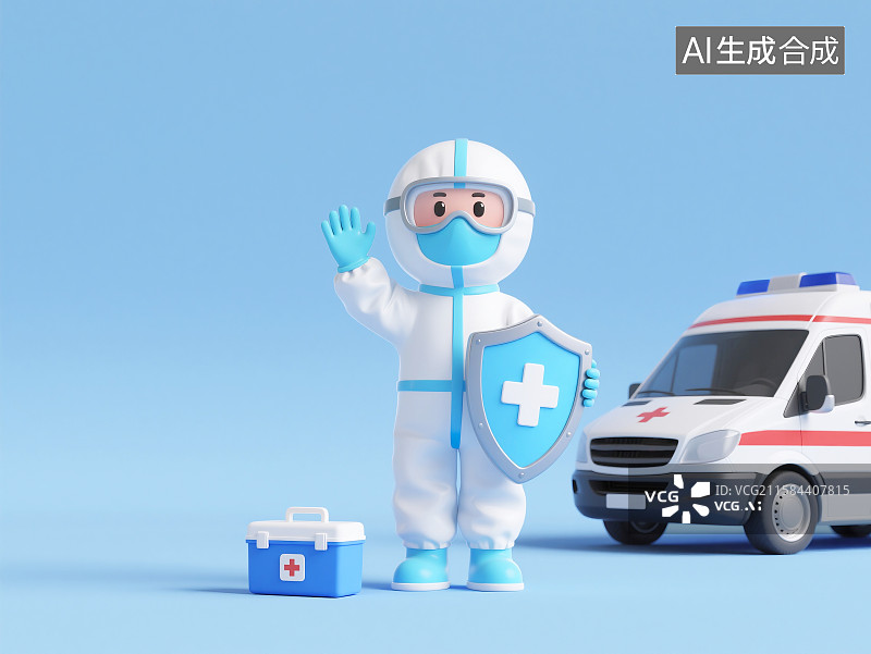 【AI数字艺术】3D救护车旁拿着盾牌的医护人员插画图片素材
