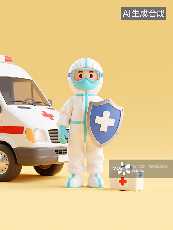 【AI数字艺术】3D救护车旁拿着盾牌的医护人员插画图片素材