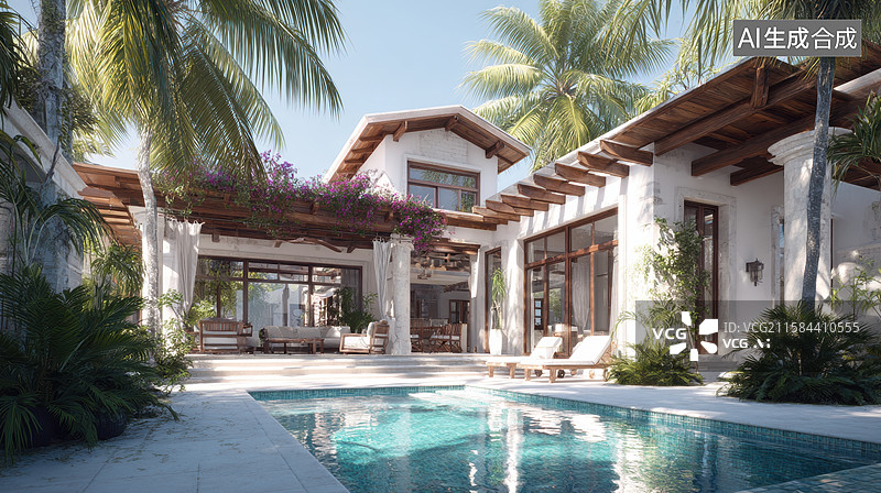 【AI数字艺术】热带风情别墅与泳池图片素材