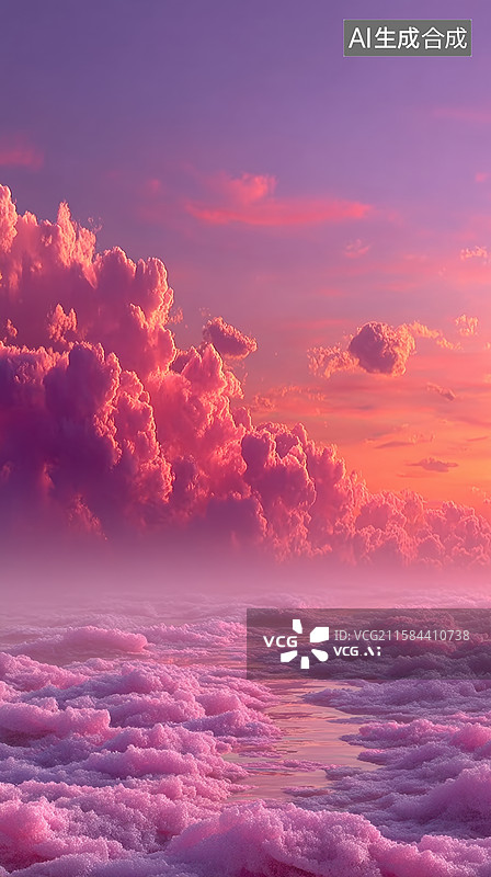 【AI数字艺术】粉紫色天空下的云海图片素材