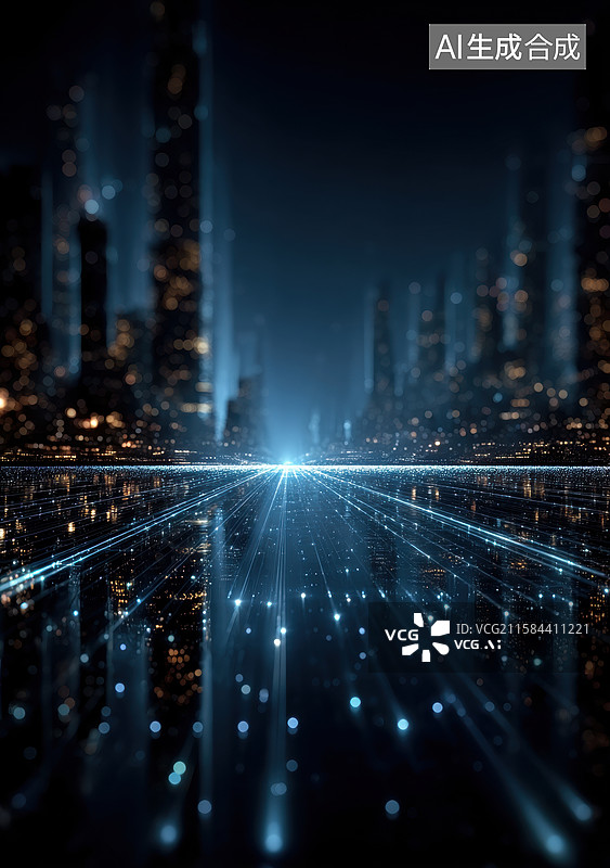 【AI数字艺术】未来城市夜景与光束交织图片素材