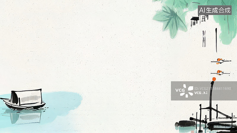 【AI数字艺术】水墨画两侧-背景壁纸-1水墨风格的湖畔垂钓图图片素材