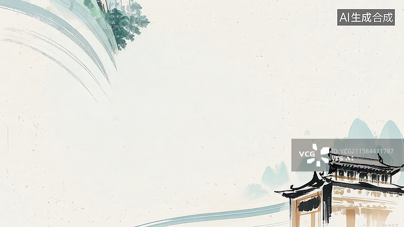 【AI数字艺术】水墨画两侧-背景壁纸-1水墨风格的古塔与山景图片素材
