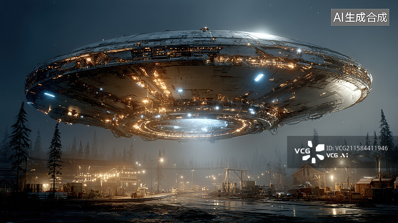【AI数字艺术】夜空中的巨大飞碟悬浮于工业区上空图片素材