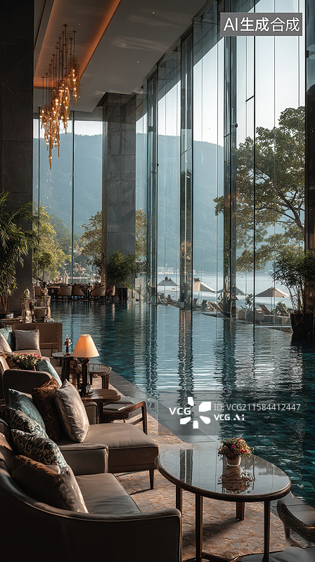 【AI数字艺术】现代酒店室内与泳池景观图片素材