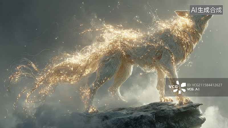 【AI数字艺术】光芒四射的狼在岩石上仰天长啸图片素材