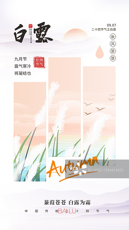 中国风二十四节气系列插画海报模版-秋天 秋日户外风景 风吹芦苇荡山水画 国风山水 手机开屏壁纸 竖版图片素材