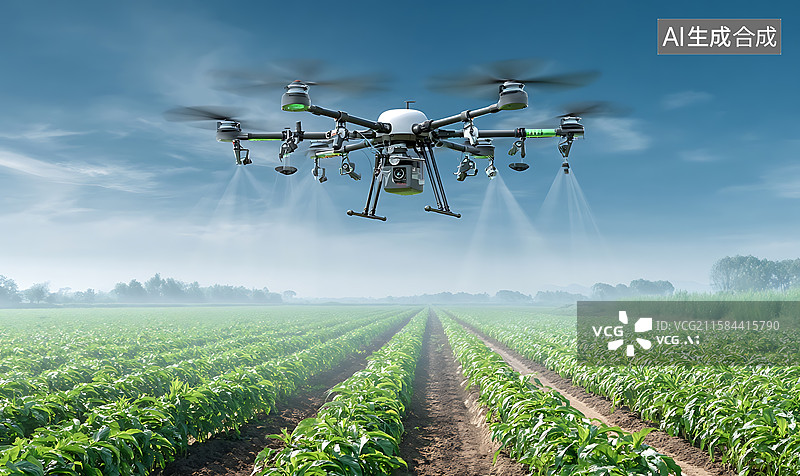 【AI数字艺术】智能农业植保场景：农业无人机飞行于农田上空，呈现科技喷洒作物的田地作业画面图片素材