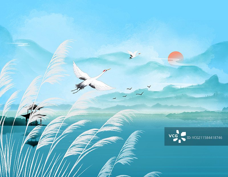 中国风二十四节气系列插画-秋天 秋日户外风景 风吹白色芦苇荡山水画 国风山水意境 出版绘本配图 横版图片素材