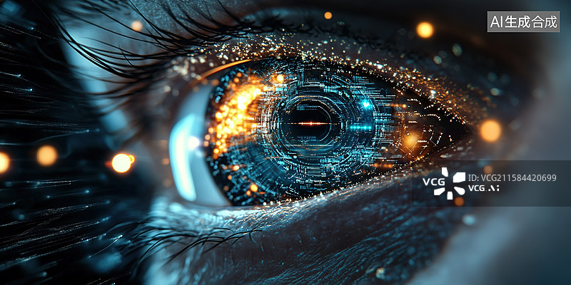 【AI数字艺术】人类瞳孔特写和反射出的科技之光图片素材
