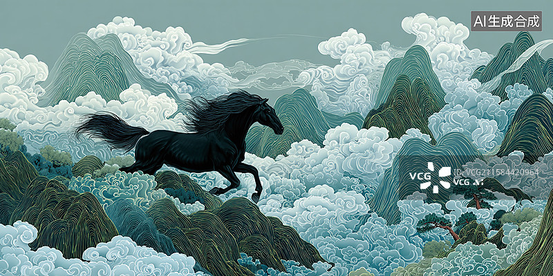 【AI数字艺术】国风山水艺术插画：黑马于云雾山脉间奔跑，呈现传统水墨意境的自然风景绘画画面图片素材