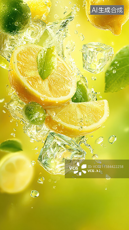 【AI数字艺术】柠檬青柠冰块飞溅的清新瞬间图片素材