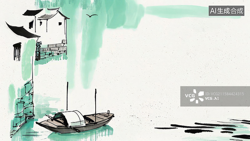 【AI数字艺术】水墨画最大-背景壁纸-1水乡古屋与停泊小舟图片素材