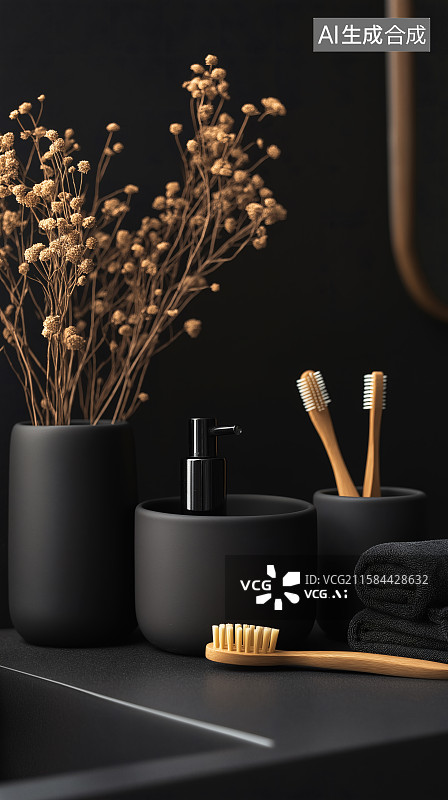 【AI数字艺术】3d立体黑曜石洗手间洗漱清洁场景图片素材
