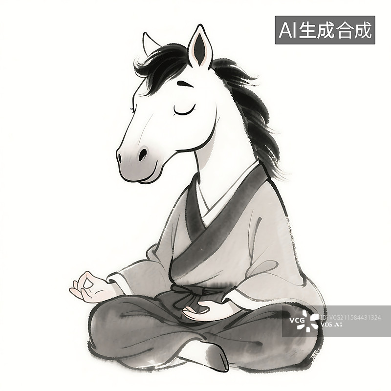 【AI数字艺术】马年卡通形象道士形象IP国风水墨风在打坐打太极拳插画图片素材