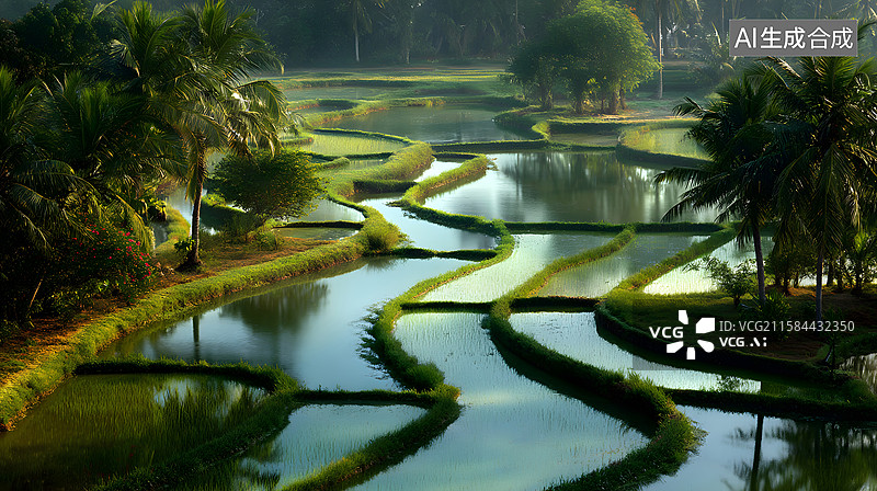 【AI数字艺术】乡村水田的自然风光图片素材