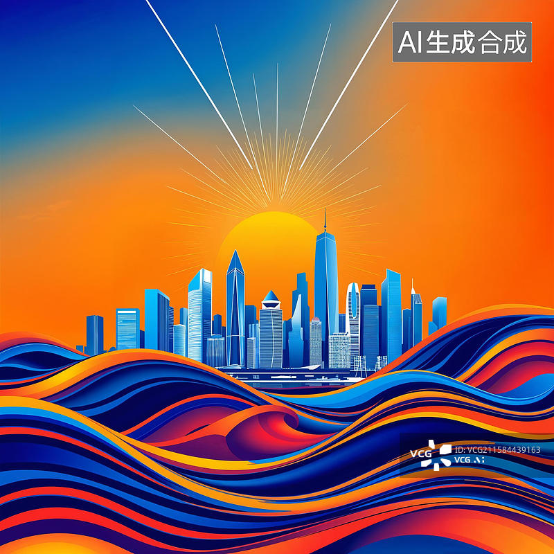 【AI数字艺术】城市剪影与波浪的交响图片素材