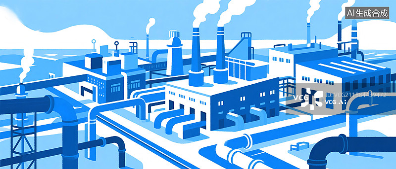 【AI数字艺术】扁平插画风格的炼油工厂图图片素材