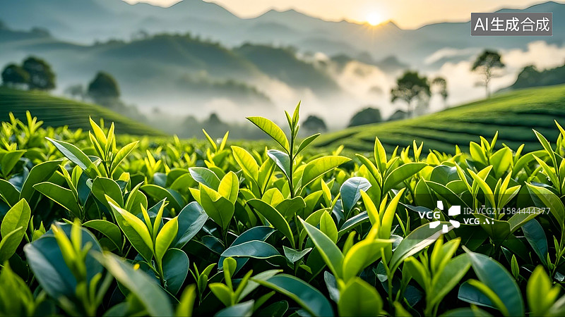 【AI数字艺术】清晨的茶园风光与茶叶特写图片素材