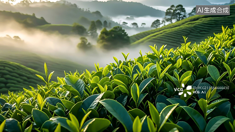【AI数字艺术】清晨的茶园风光与茶叶特写图片素材